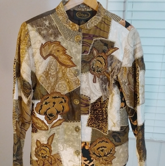 Alex Kim Patchwork Quilted Brown Gold Animal Print Floral Jacket Blazer Size S - Picture 2 of 10